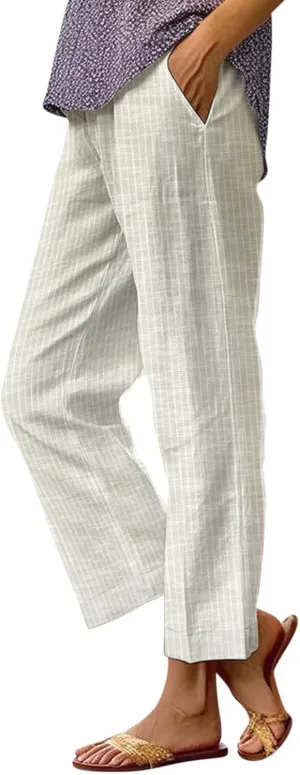 Women Cotton Linen Pants Elastic Waist Capri Wide Leg Cropped High Waist Comfy Loose Trousers with Pockets