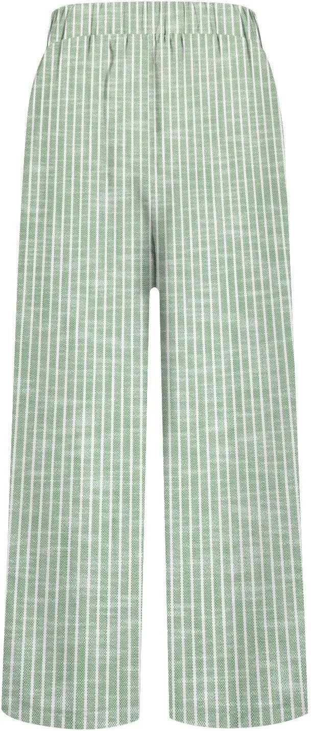 Women Cotton Linen Pants Elastic Waist Capri Wide Leg Cropped High Waist Comfy Loose Trousers with Pockets