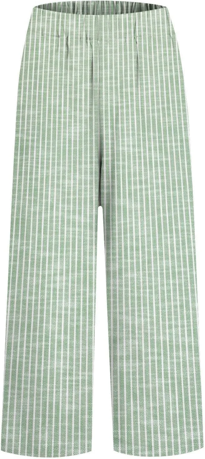 Women Cotton Linen Pants Elastic Waist Capri Wide Leg Cropped High Waist Comfy Loose Trousers with Pockets