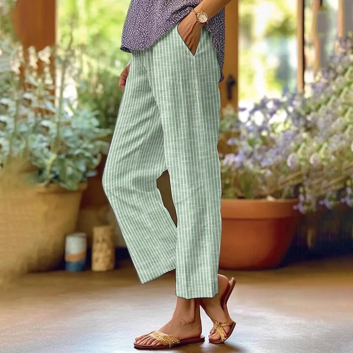 Women Cotton Linen Pants Elastic Waist Capri Wide Leg Cropped High Waist Comfy Loose Trousers with Pockets