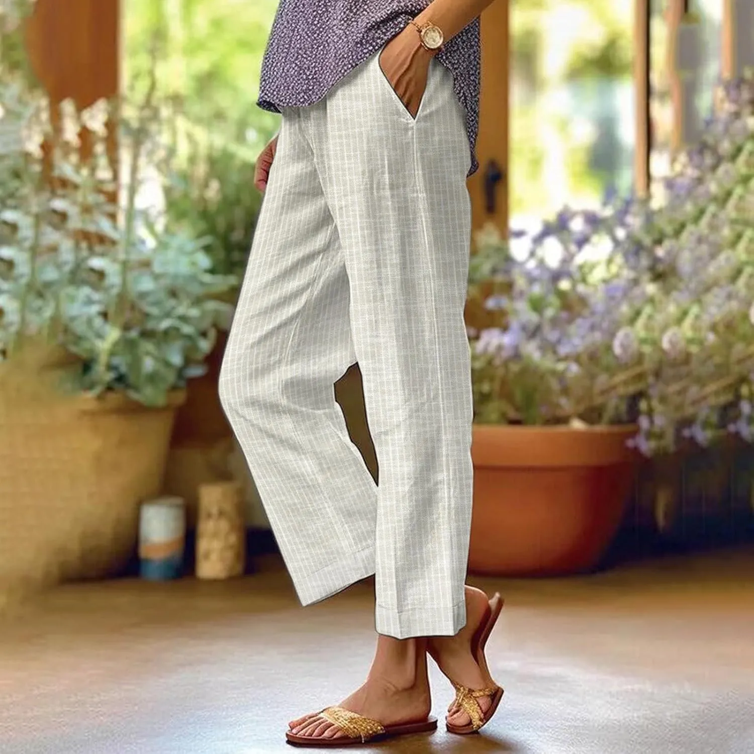 Women Cotton Linen Pants Elastic Waist Capri Wide Leg Cropped High Waist Comfy Loose Trousers with Pockets