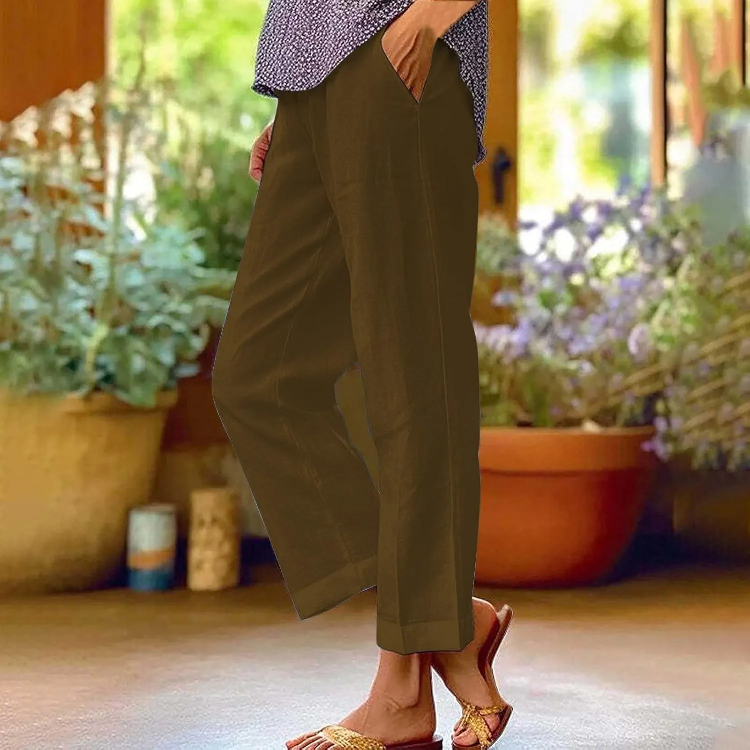 Women Cotton Linen Pants Elastic Waist Capri Wide Leg Cropped High Waist Comfy Loose Trousers with Pockets