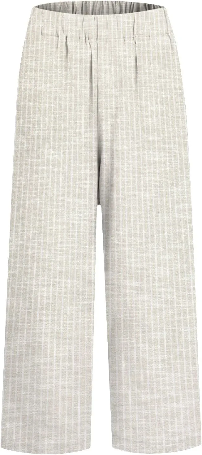 Women Cotton Linen Pants Elastic Waist Capri Wide Leg Cropped High Waist Comfy Loose Trousers with Pockets