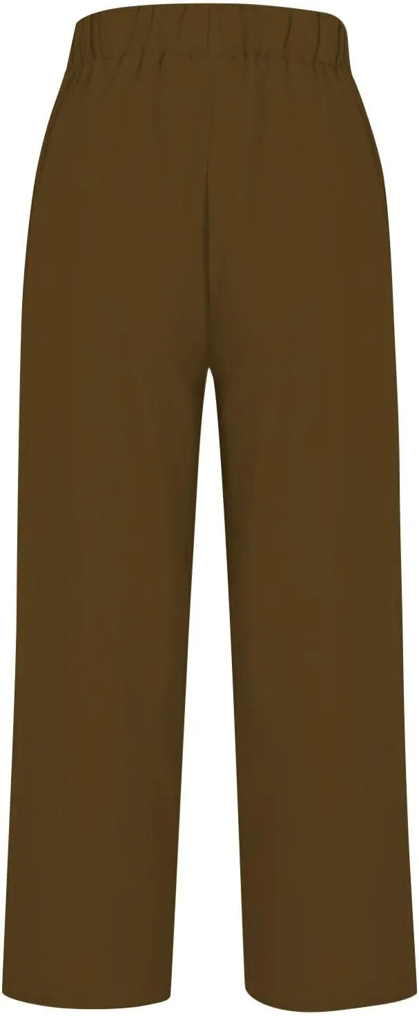 Women Cotton Linen Pants Elastic Waist Capri Wide Leg Cropped High Waist Comfy Loose Trousers with Pockets