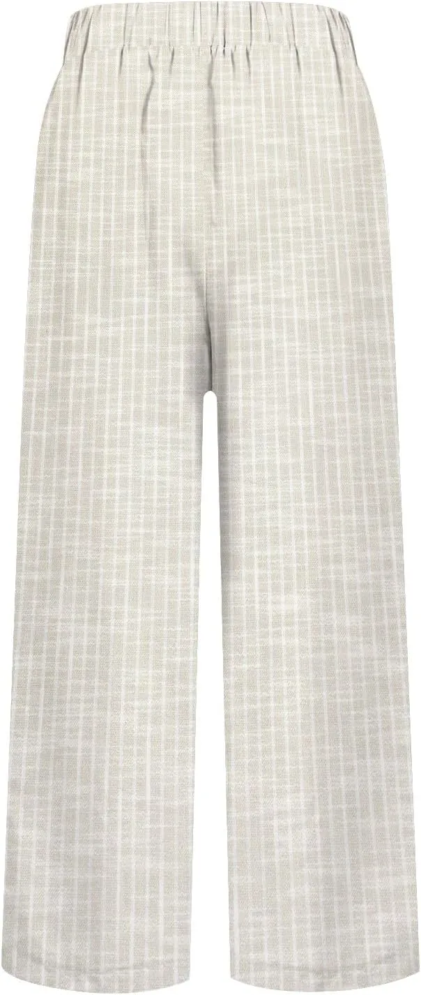Women Cotton Linen Pants Elastic Waist Capri Wide Leg Cropped High Waist Comfy Loose Trousers with Pockets