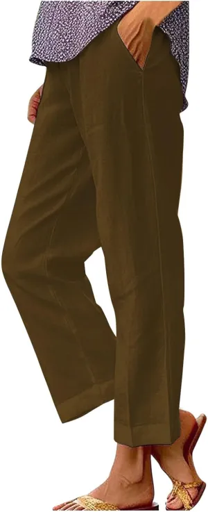 Women Cotton Linen Pants Elastic Waist Capri Wide Leg Cropped High Waist Comfy Loose Trousers with Pockets