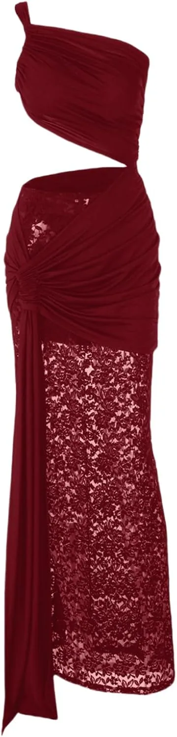 Women Floral Lace Maxi Dresses for Wome Backless See Through Dress Inclined Shoulder Dress Set