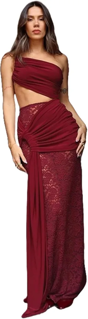 Women Floral Lace Maxi Dresses for Wome Backless See Through Dress Inclined Shoulder Dress Set