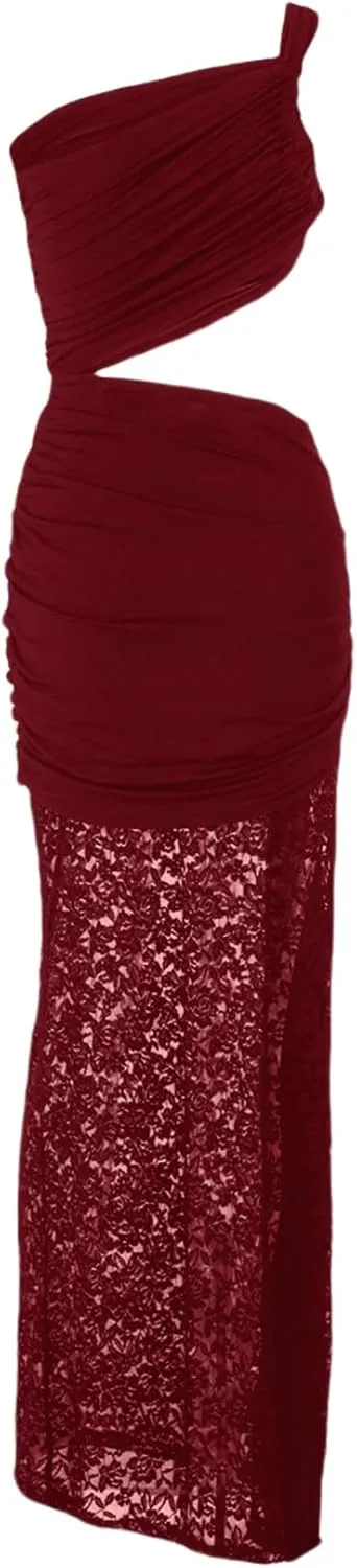 Women Floral Lace Maxi Dresses for Wome Backless See Through Dress Inclined Shoulder Dress Set