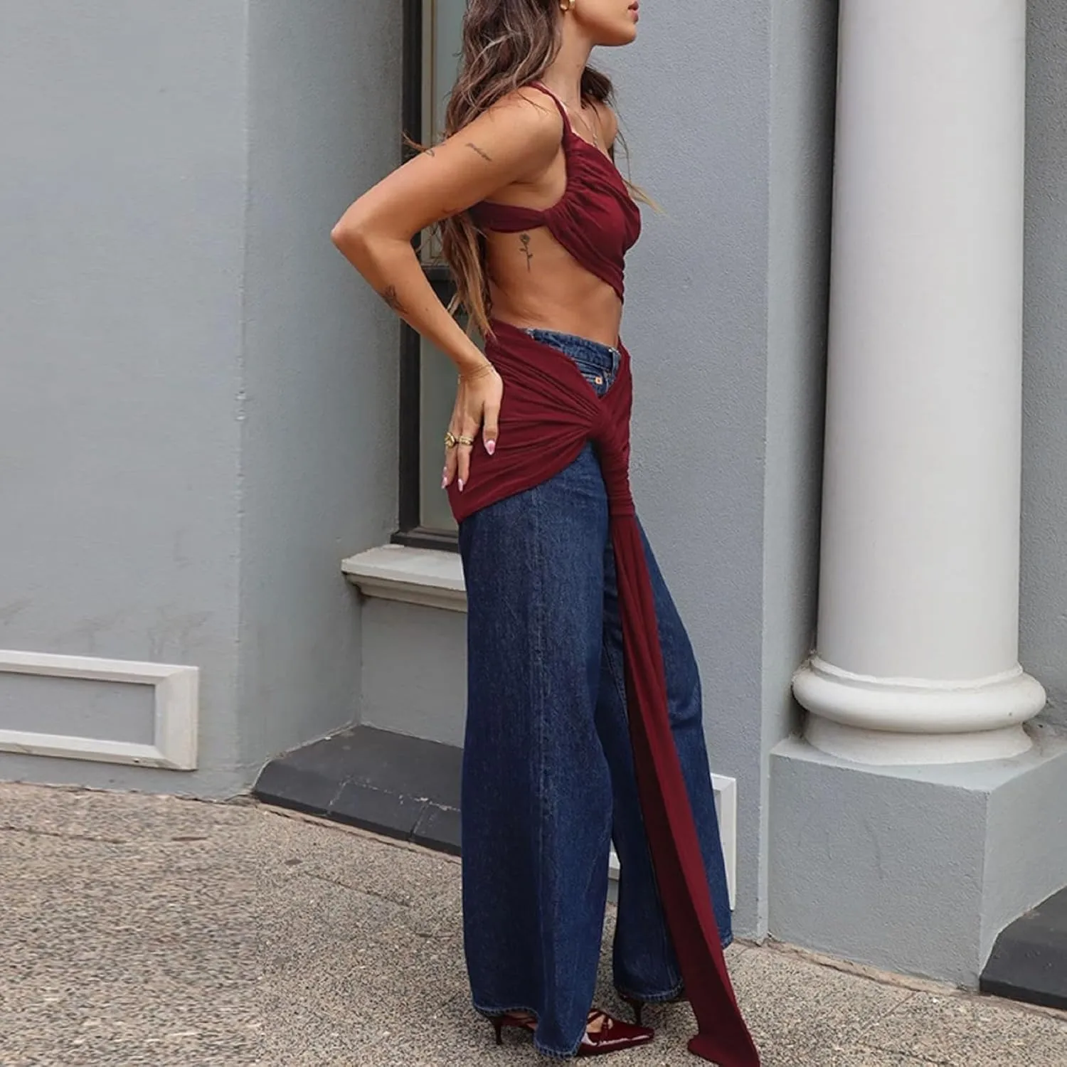 Women Floral Lace Maxi Dresses for Wome Backless See Through Dress Inclined Shoulder Dress Set