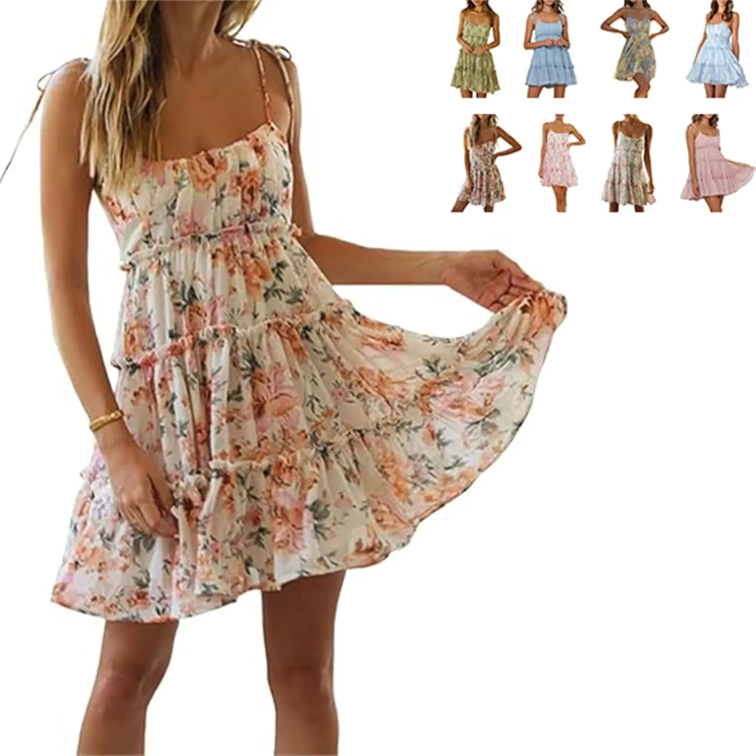 Women Floral Mini Dress Spaghetti Strap Ruffle Tiered Dress Boho Summer Spaghetti Strap Skater Dresses