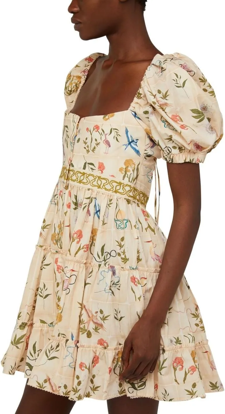 Women Floral Puff Sleeve Mini Dress Boho Ruffle A Line Babydoll Dress Cute Graphic Backless Summer Sundress