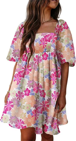 Women Floral Puff Sleeve Mini Dress Boho Ruffle A Line Babydoll Dress Cute Graphic Backless Summer Sundress