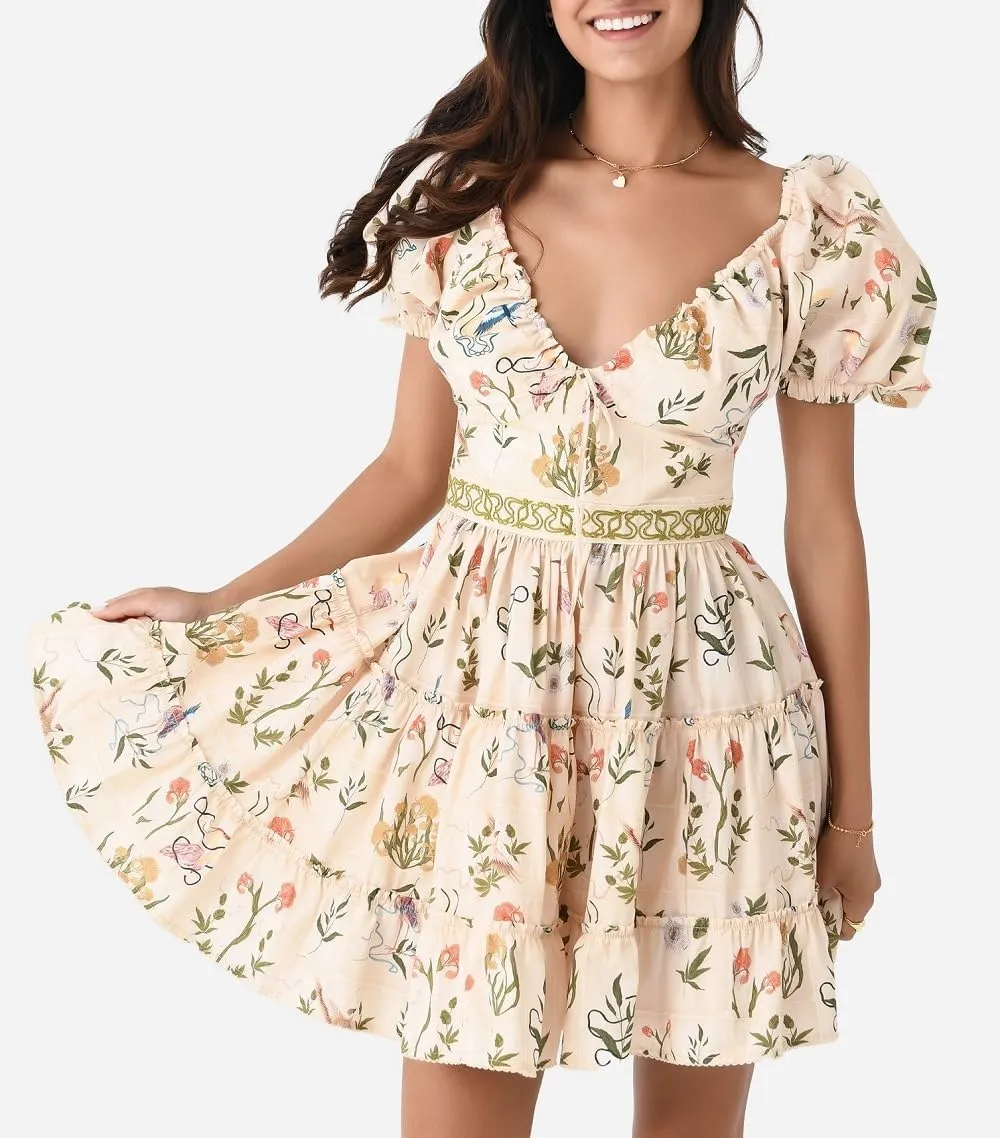Women Floral Puff Sleeve Mini Dress Boho Ruffle A Line Babydoll Dress Cute Graphic Backless Summer Sundress