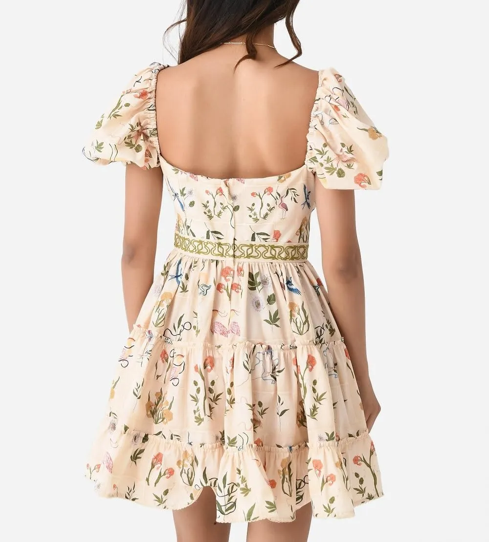 Women Floral Puff Sleeve Mini Dress Boho Ruffle A Line Babydoll Dress Cute Graphic Backless Summer Sundress