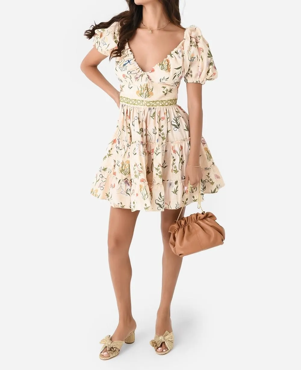 Women Floral Puff Sleeve Mini Dress Boho Ruffle A Line Babydoll Dress Cute Graphic Backless Summer Sundress