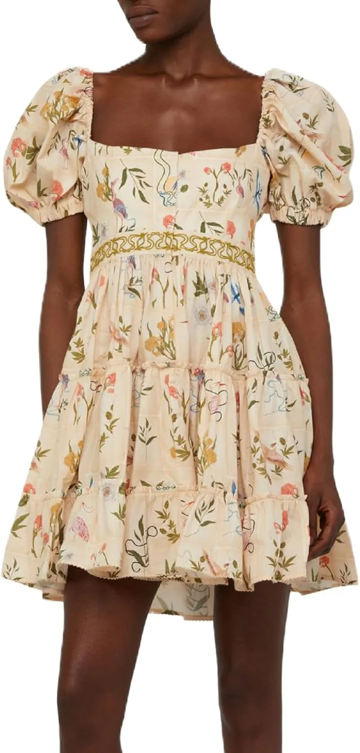 Women Floral Puff Sleeve Mini Dress Boho Ruffle A Line Babydoll Dress Cute Graphic Backless Summer Sundress