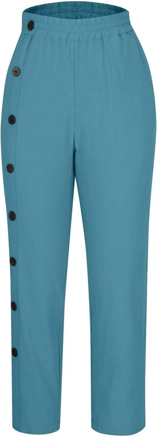 Women Linen Pants Plus Size Summer Trendy High Waisted Straight Leg Pants Comfy Loose Fit Cropped Trousers with Pockets