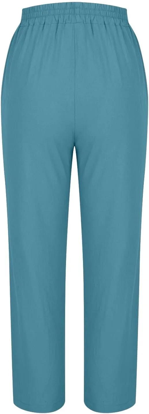 Women Linen Pants Plus Size Summer Trendy High Waisted Straight Leg Pants Comfy Loose Fit Cropped Trousers with Pockets