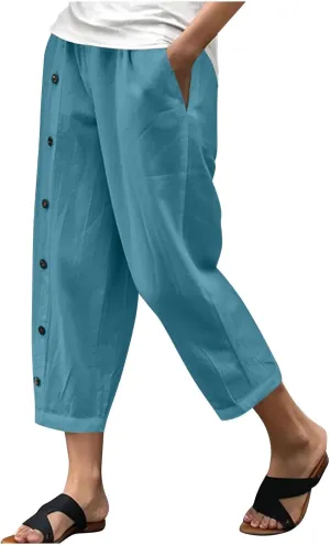 Women Linen Pants Plus Size Summer Trendy High Waisted Straight Leg Pants Comfy Loose Fit Cropped Trousers with Pockets