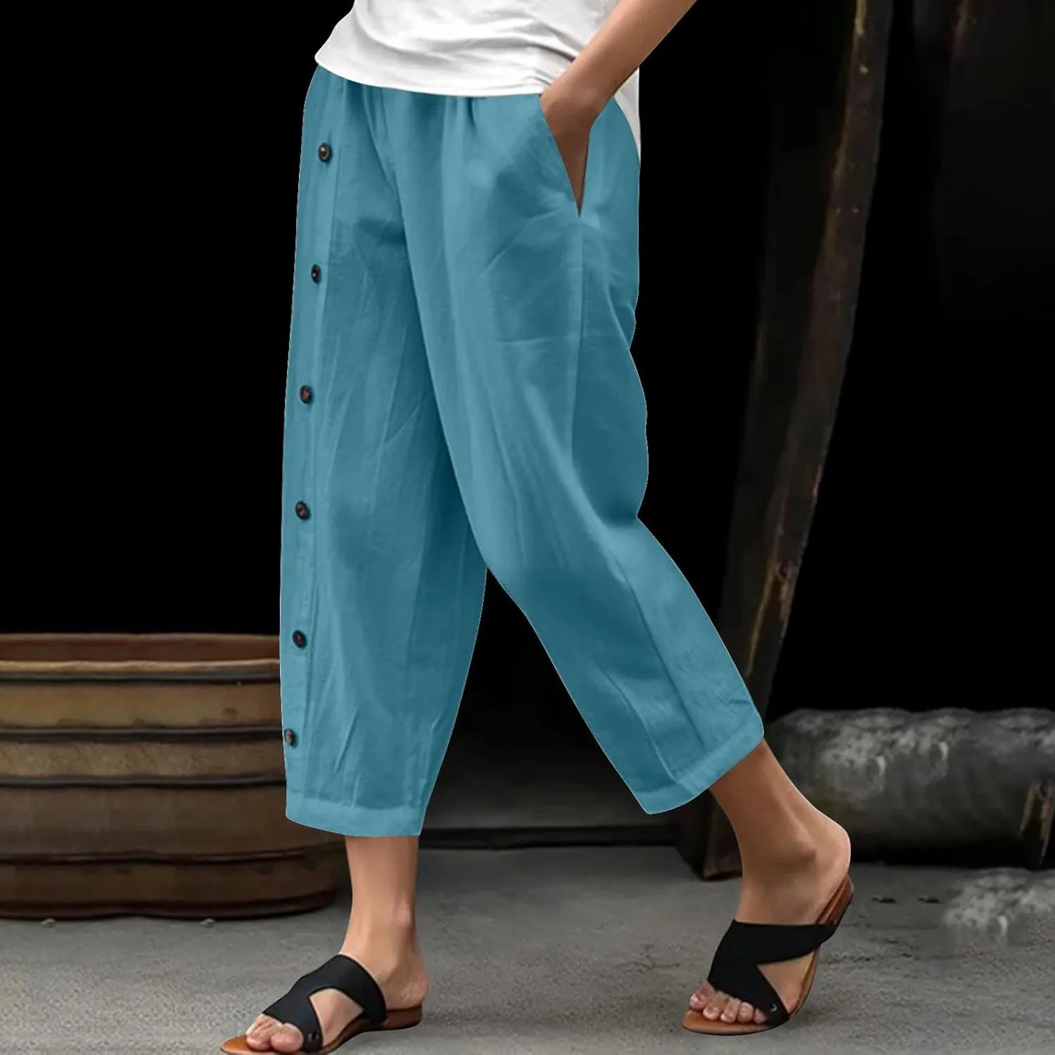 Women Linen Pants Plus Size Summer Trendy High Waisted Straight Leg Pants Comfy Loose Fit Cropped Trousers with Pockets