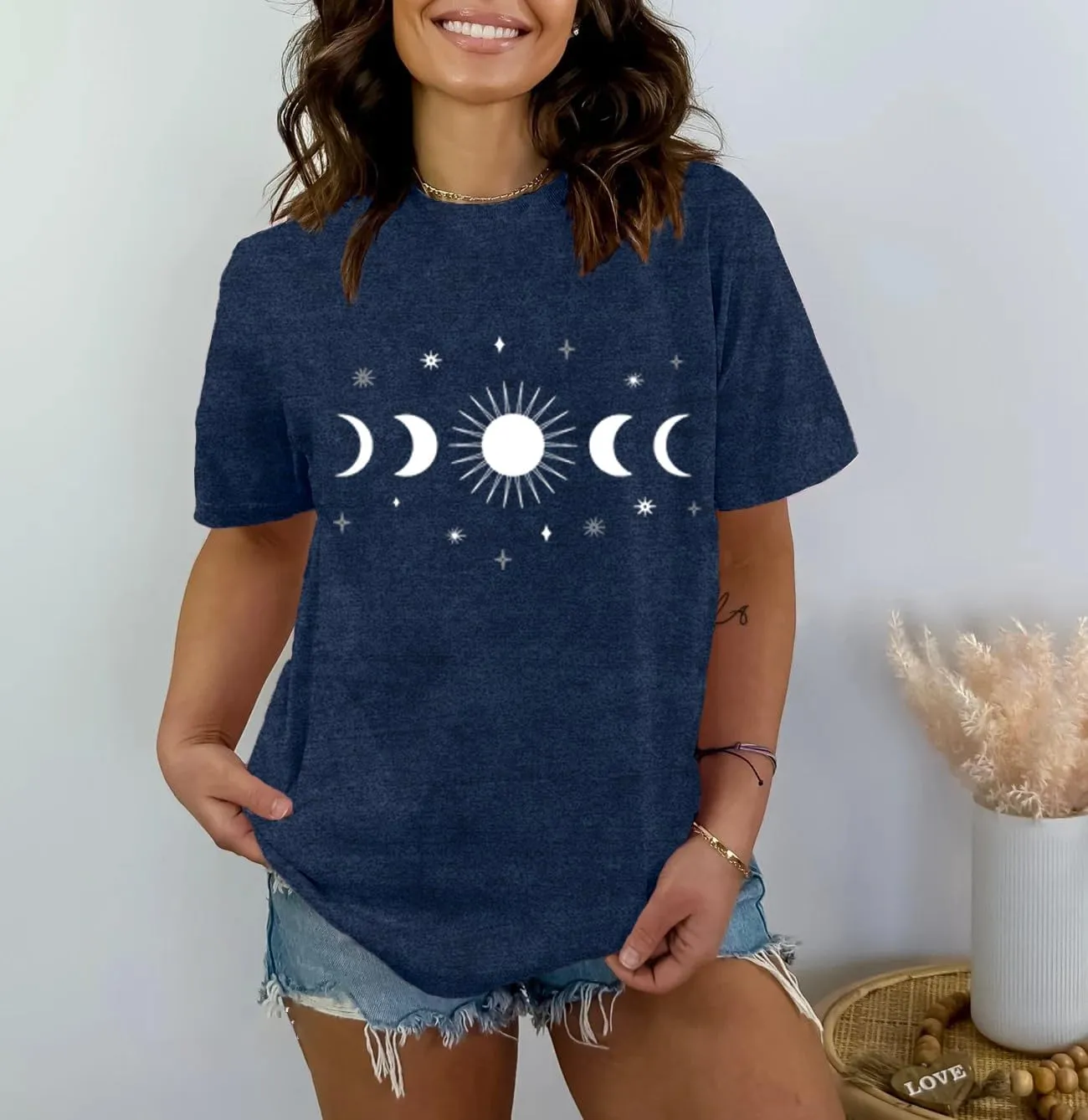 Women Moon Phase Shirts Astronomy T-Shirt Astology Lover Tee Celestial Tops