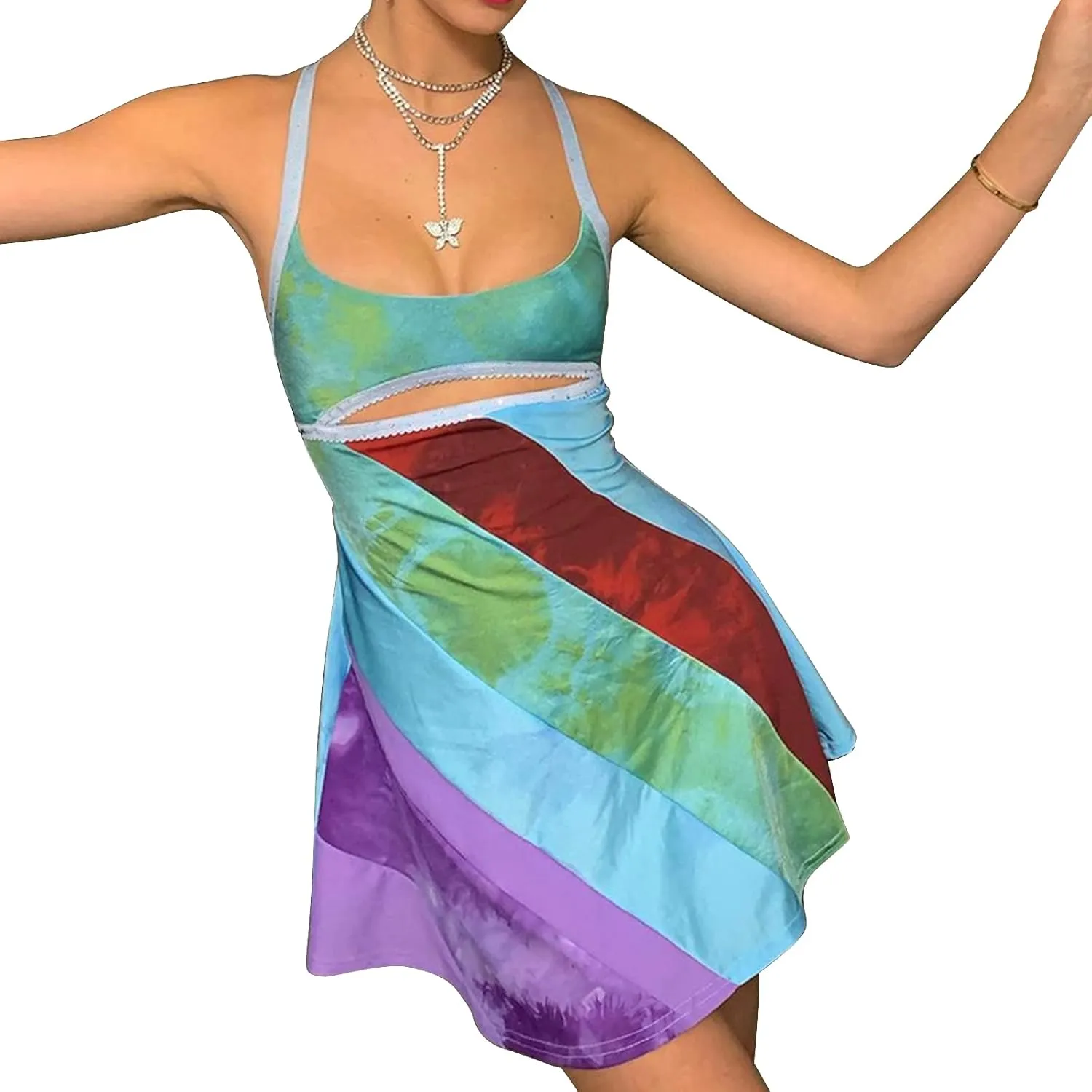 Women Patchwork Floral Mini Dress Y2k Short Puff Sleeve Tie Back Lace Ruffle Flowy Dresses Summer Boho Sundress