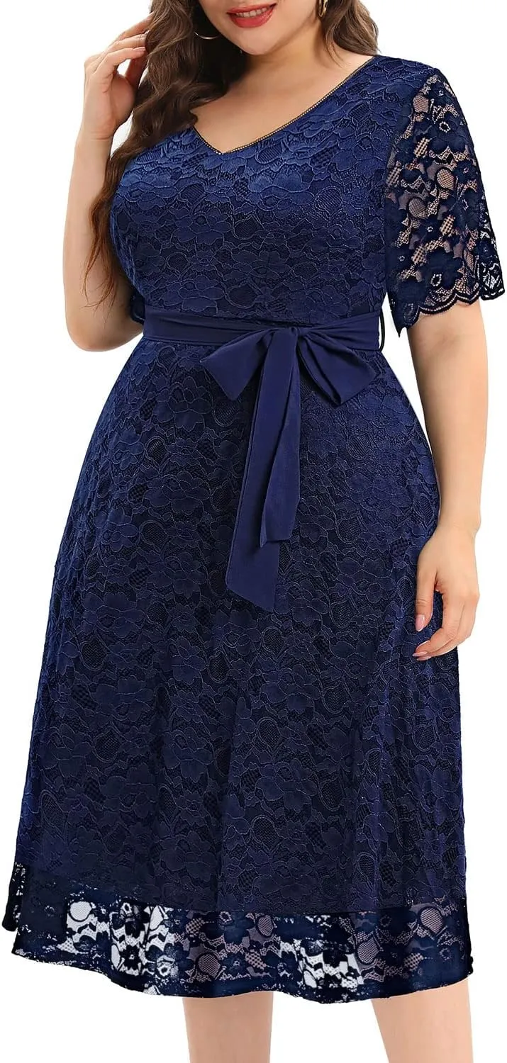 Women Plus Size Lace Bridal Shower Wedding Guest Cocktail Semi Formal V Neck Short Sleeve Midi Dresses