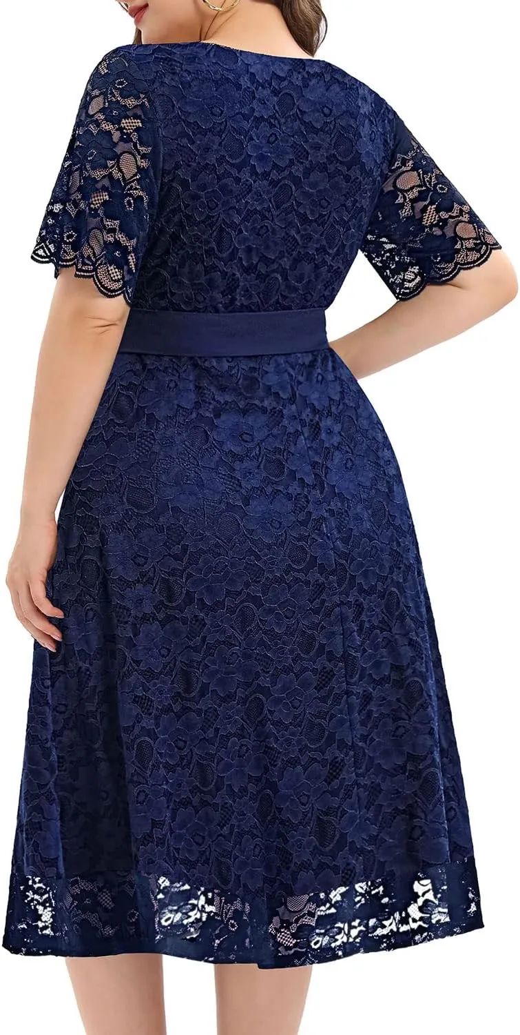 Women Plus Size Lace Bridal Shower Wedding Guest Cocktail Semi Formal V Neck Short Sleeve Midi Dresses
