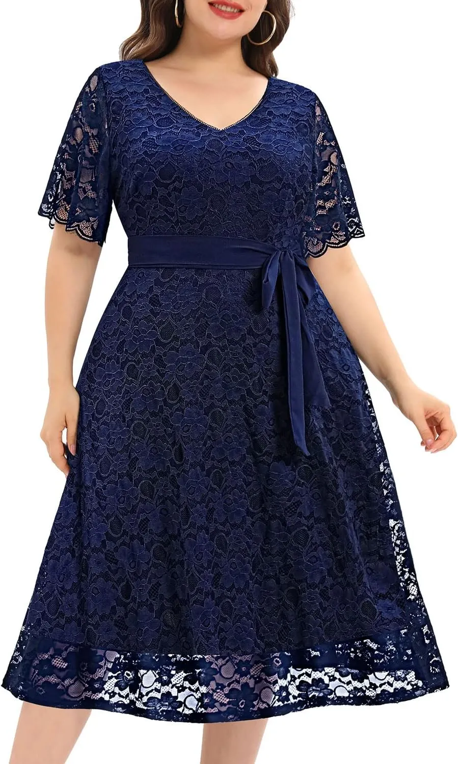 Women Plus Size Lace Bridal Shower Wedding Guest Cocktail Semi Formal V Neck Short Sleeve Midi Dresses