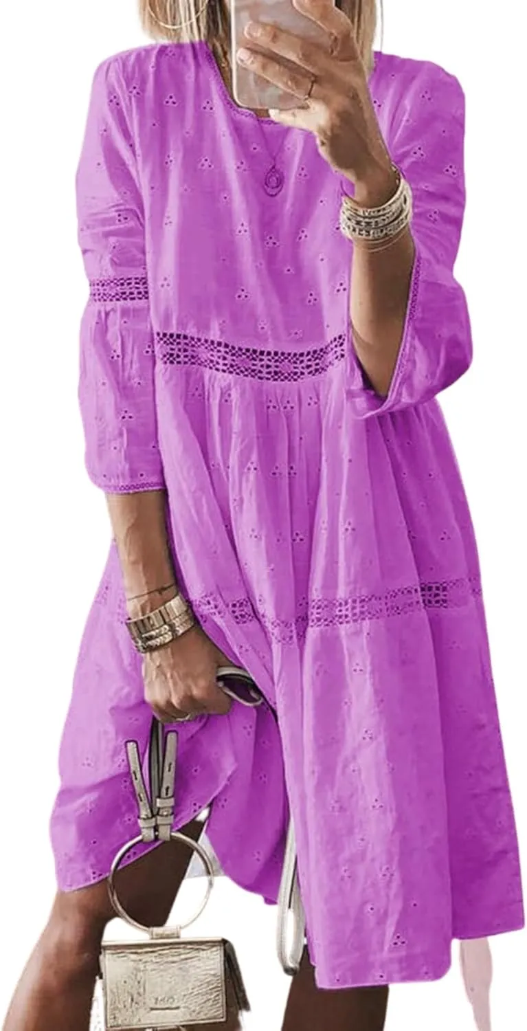 Women Plus Size Linen Dress 2024 Casual Eyelet 3/4 Sleeve Loose Crewneck A Line Flowy Midi Dress Vacation Outfits