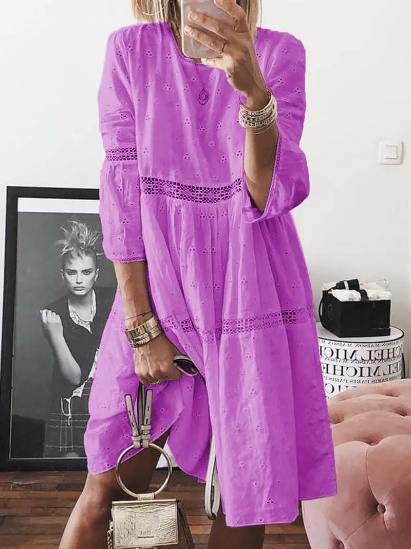 Women Plus Size Linen Dress 2024 Casual Eyelet 3/4 Sleeve Loose Crewneck A Line Flowy Midi Dress Vacation Outfits