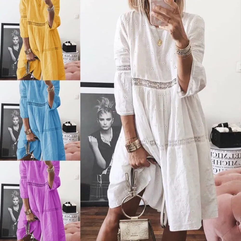 Women Plus Size Linen Dress 2024 Casual Eyelet 3/4 Sleeve Loose Crewneck A Line Flowy Midi Dress Vacation Outfits