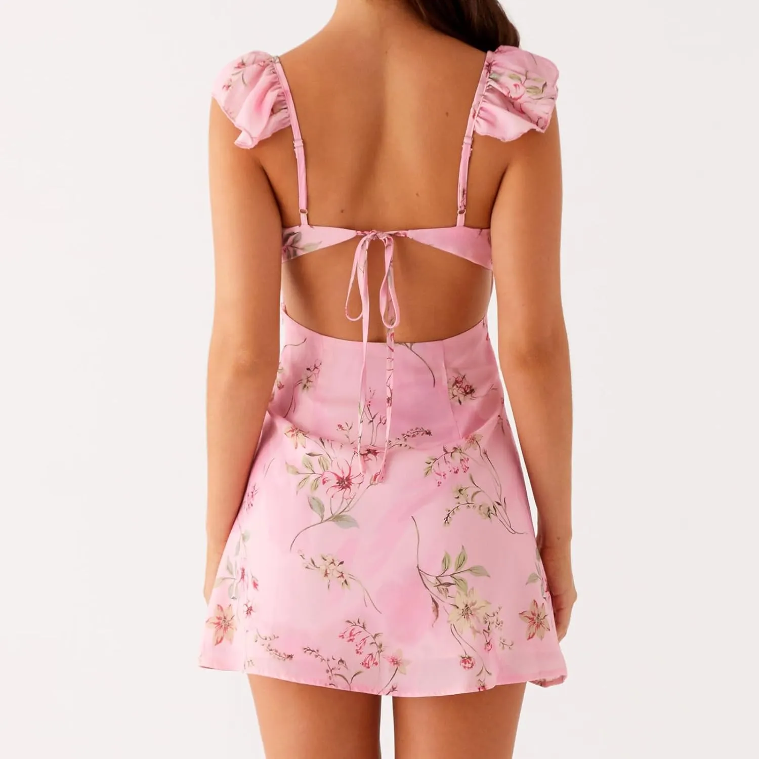 Women Ruffle Mini Dress Y2k Sleeveless V Neck Backless Tie-up Floral/Dots Summer A-line Dress for Club Party