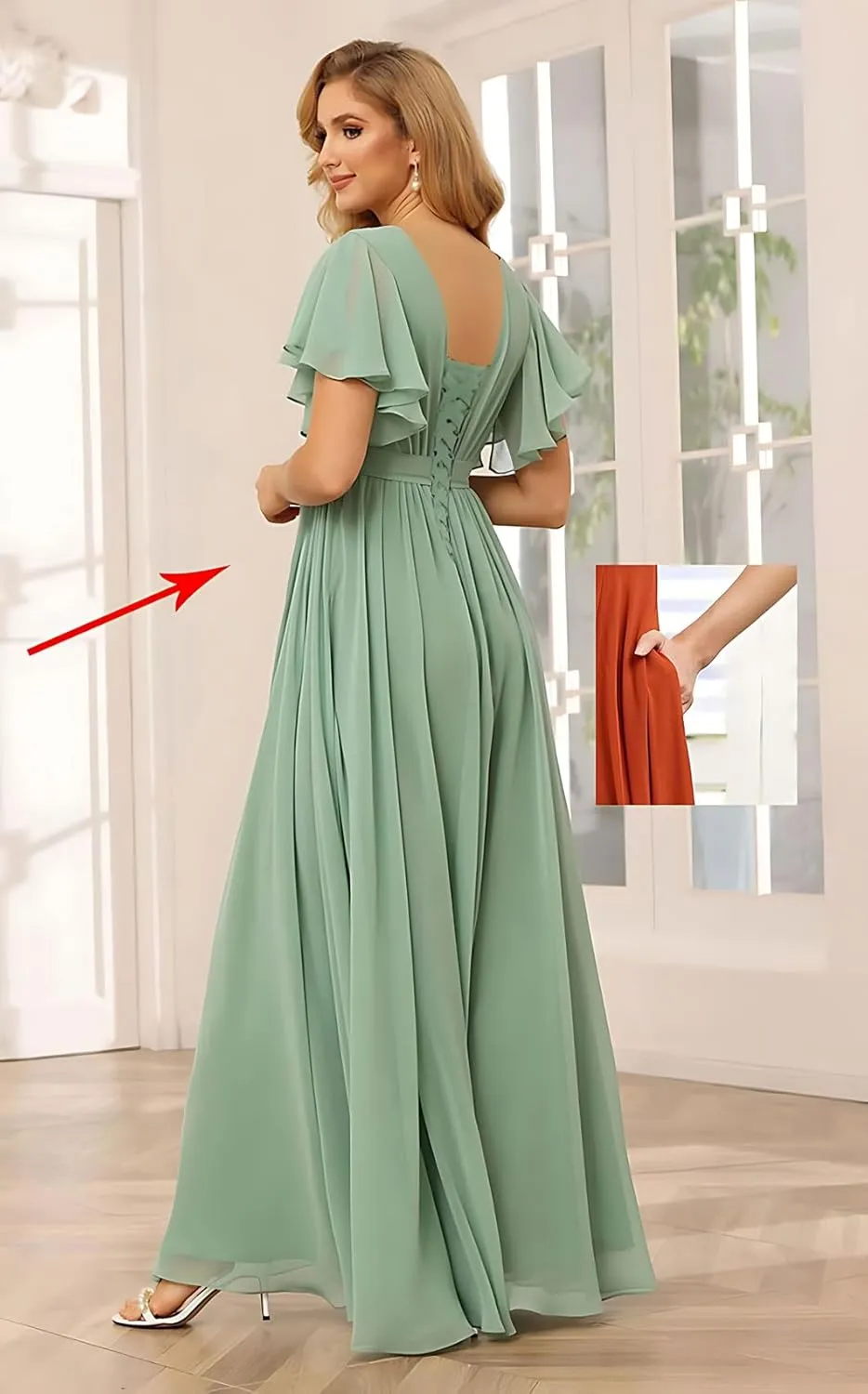 Women Ruffle Sleeves Chiffon Bridesmaid Dresses V Neck A-Line Ruched Formal Evening Ball Gowns with Slit 2024