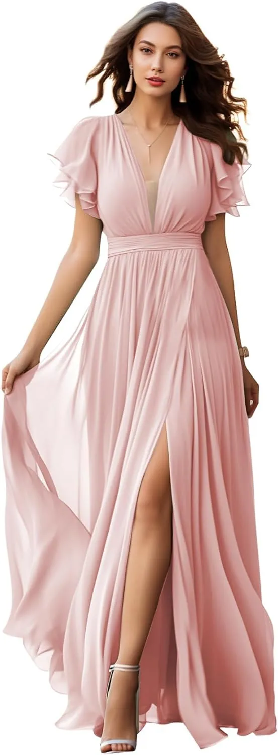 Women Ruffle Sleeves Chiffon Bridesmaid Dresses V Neck A-Line Ruched Formal Evening Ball Gowns with Slit 2024