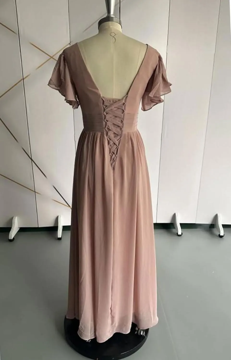 Women Ruffle Sleeves Chiffon Bridesmaid Dresses V Neck A-Line Ruched Formal Evening Ball Gowns with Slit 2024