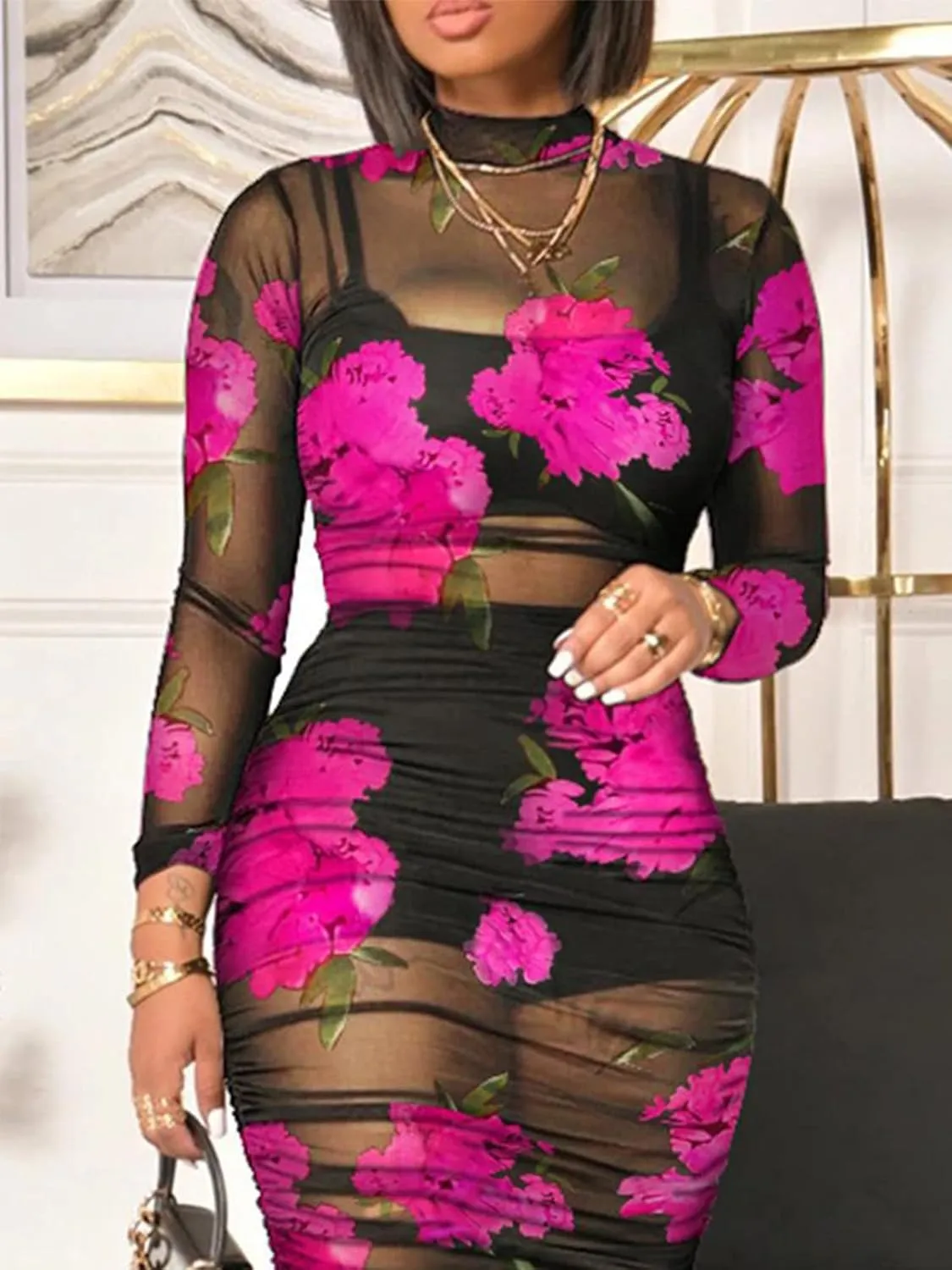Women Sexy See Through Mesh Long Sleeve Ruched Midi Dresses Crop Top Bodycon Skirt 3 Piece Outfits Set Clubwear