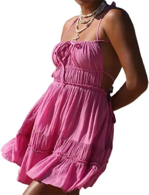 Women Solid Color Cami Dress Spaghetti Strap Ruffle A-Line Backless Sleeveless Slip Mini Dress