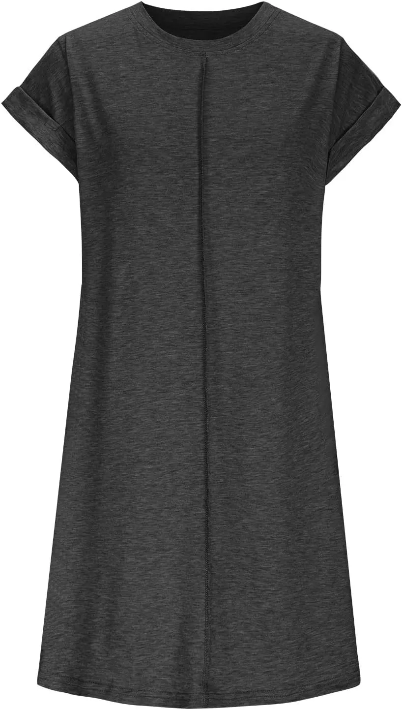 Women Solid Color Casual Mini Dress, Summer Short Sleeve Crewneck Vacation Clothes Soft Comfy Loose Breathable Dresses