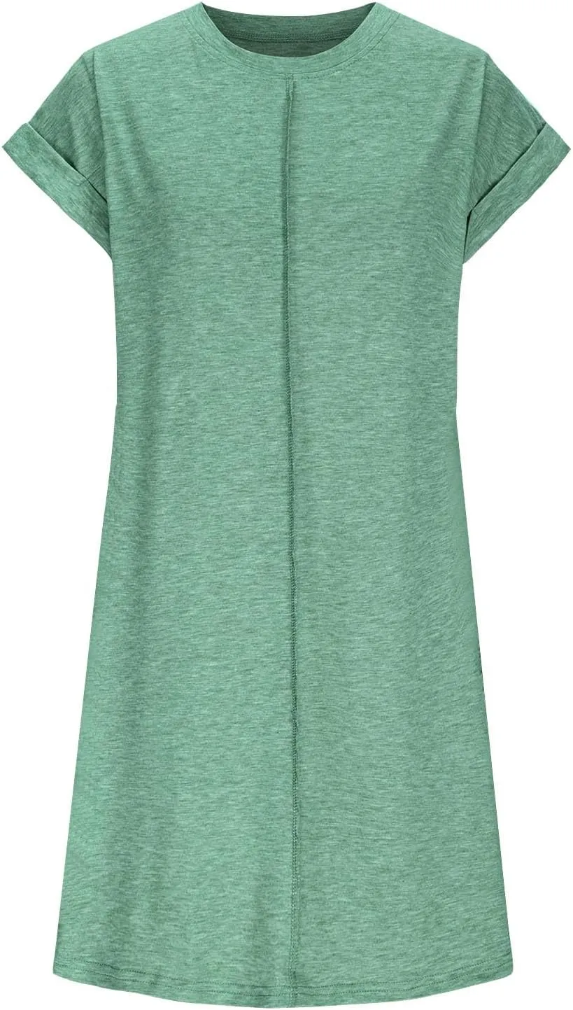 Women Solid Color Casual Mini Dress, Summer Short Sleeve Crewneck Vacation Clothes Soft Comfy Loose Breathable Dresses