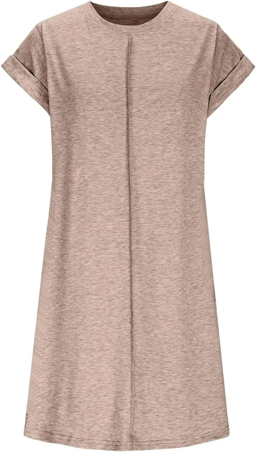 Women Solid Color Casual Mini Dress, Summer Short Sleeve Crewneck Vacation Clothes Soft Comfy Loose Breathable Dresses