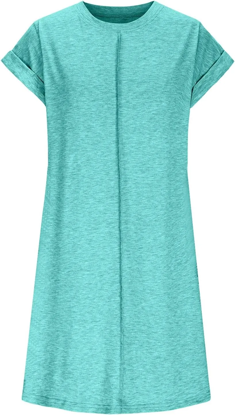 Women Solid Color Casual Mini Dress, Summer Short Sleeve Crewneck Vacation Clothes Soft Comfy Loose Breathable Dresses