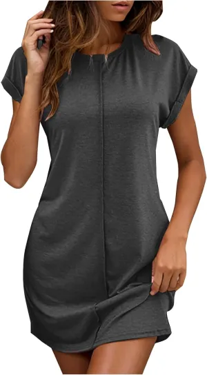 Women Solid Color Casual Mini Dress, Summer Short Sleeve Crewneck Vacation Clothes Soft Comfy Loose Breathable Dresses