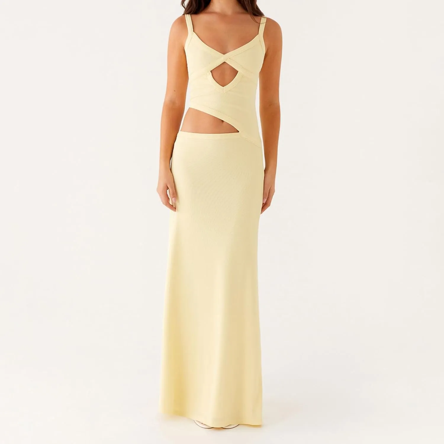 Women Spaghetti Strap Cut Out Maxi Dress Sleeveless Backless Hollow Out Bodycon Slip Long Dress Cocktail Streetwear