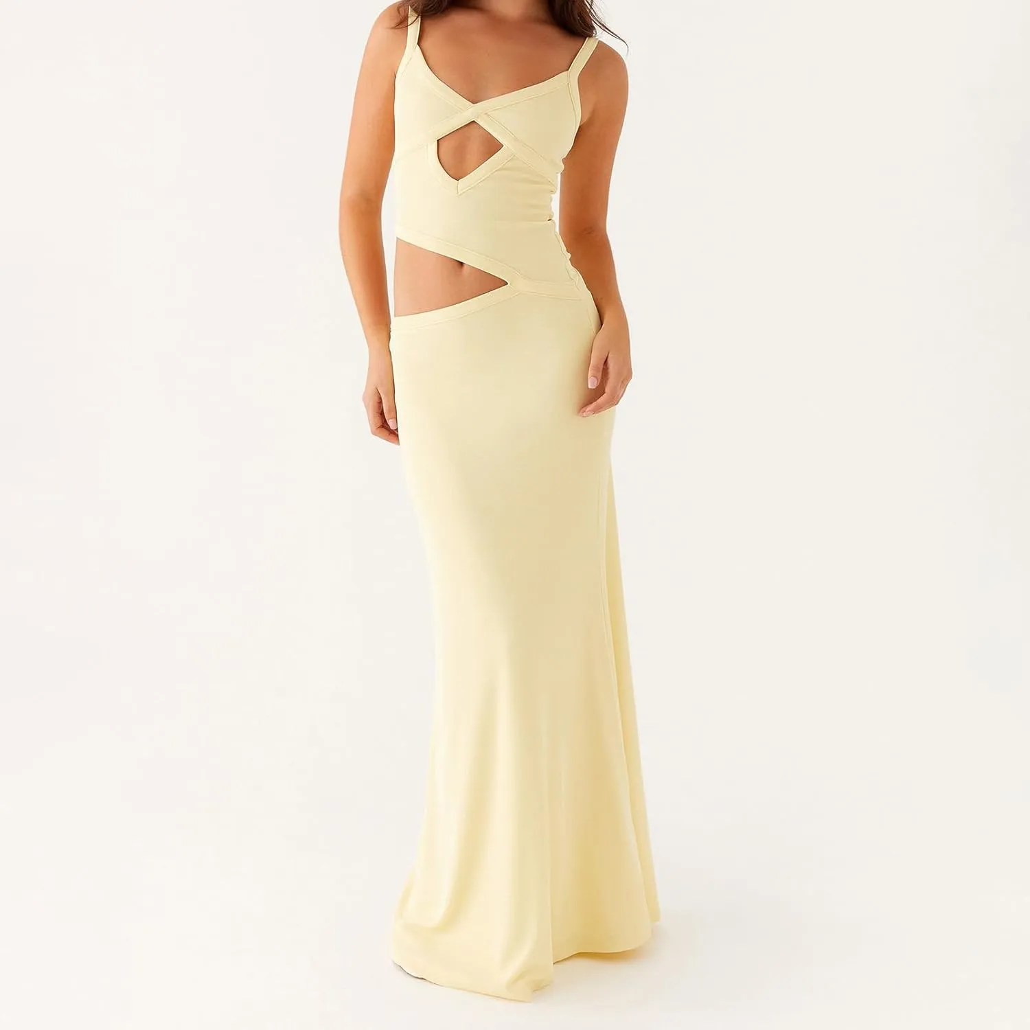 Women Spaghetti Strap Cut Out Maxi Dress Sleeveless Backless Hollow Out Bodycon Slip Long Dress Cocktail Streetwear