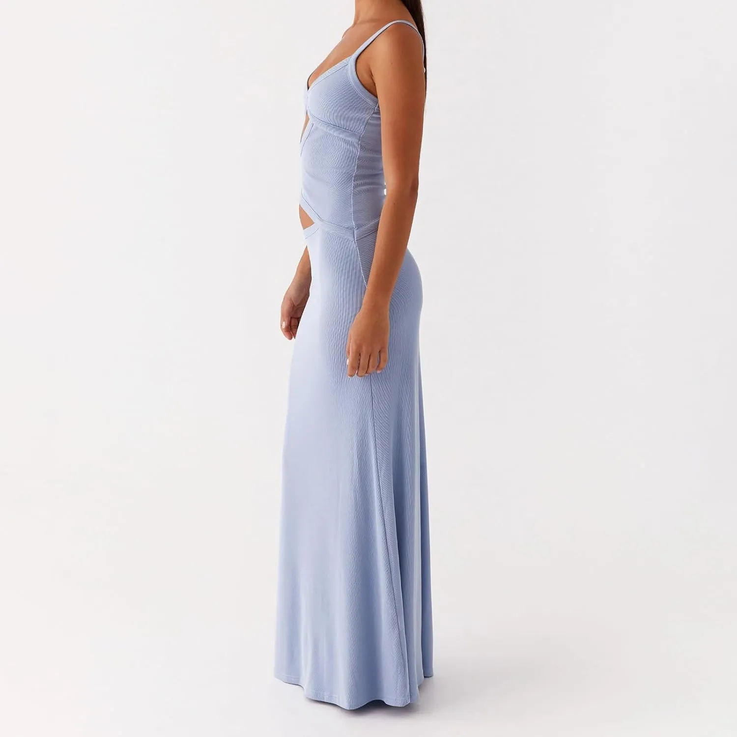 Women Spaghetti Strap Cut Out Maxi Dress Sleeveless Backless Hollow Out Bodycon Slip Long Dress Cocktail Streetwear