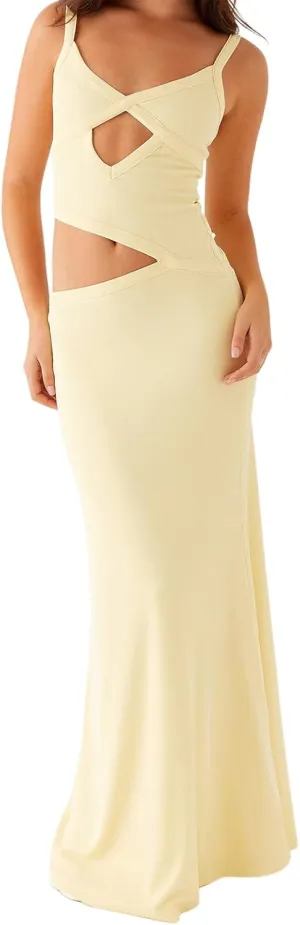 Women Spaghetti Strap Cut Out Maxi Dress Sleeveless Backless Hollow Out Bodycon Slip Long Dress Cocktail Streetwear