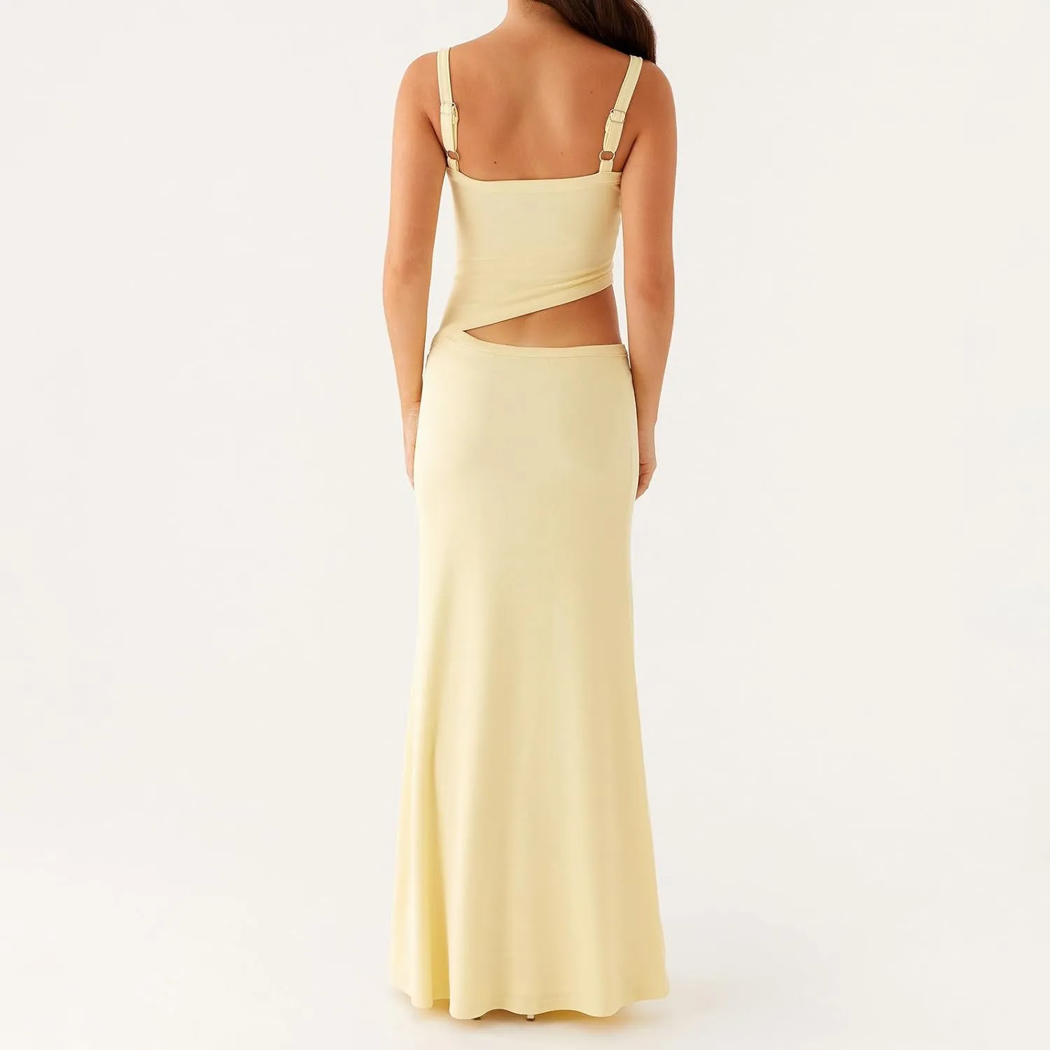 Women Spaghetti Strap Cut Out Maxi Dress Sleeveless Backless Hollow Out Bodycon Slip Long Dress Cocktail Streetwear