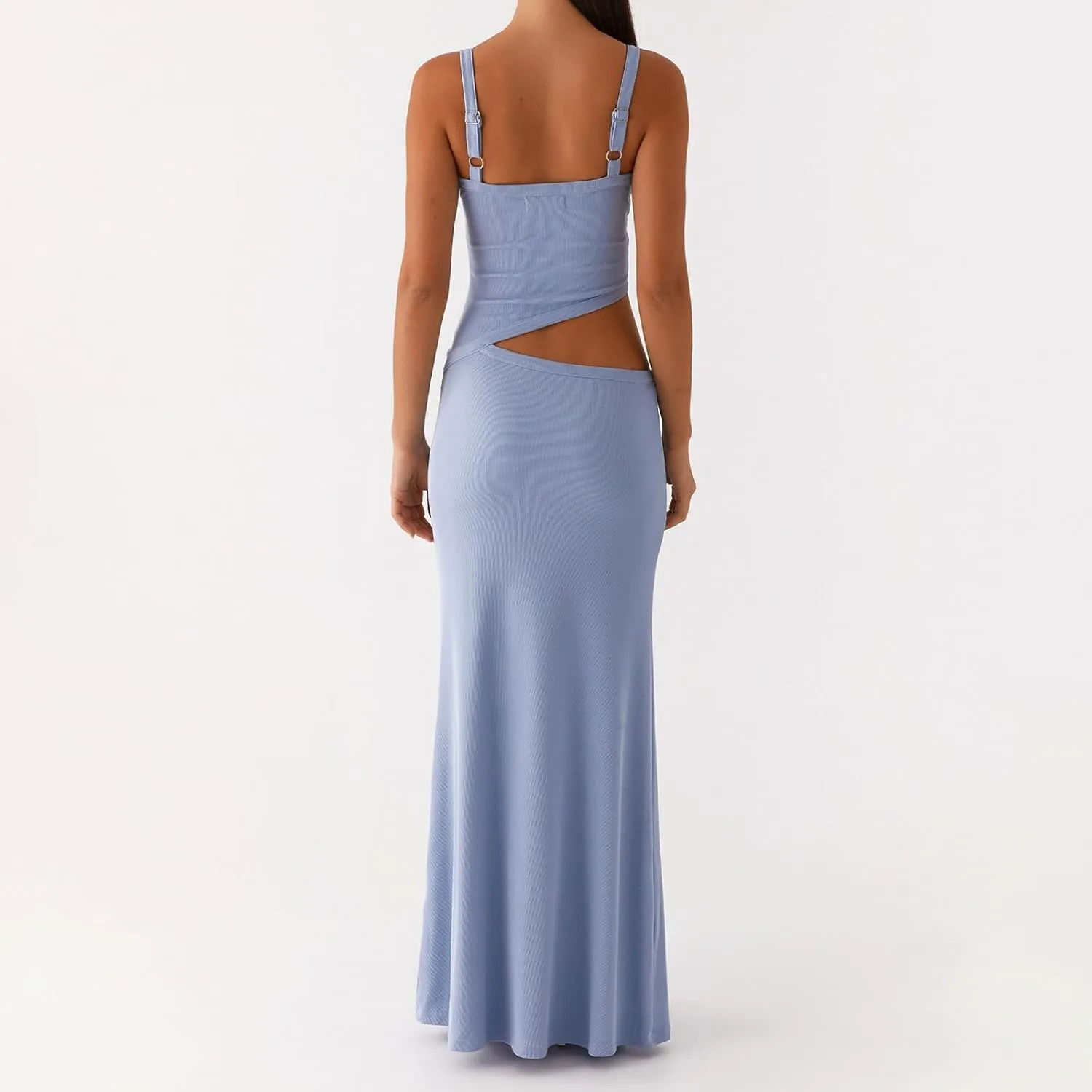 Women Spaghetti Strap Cut Out Maxi Dress Sleeveless Backless Hollow Out Bodycon Slip Long Dress Cocktail Streetwear